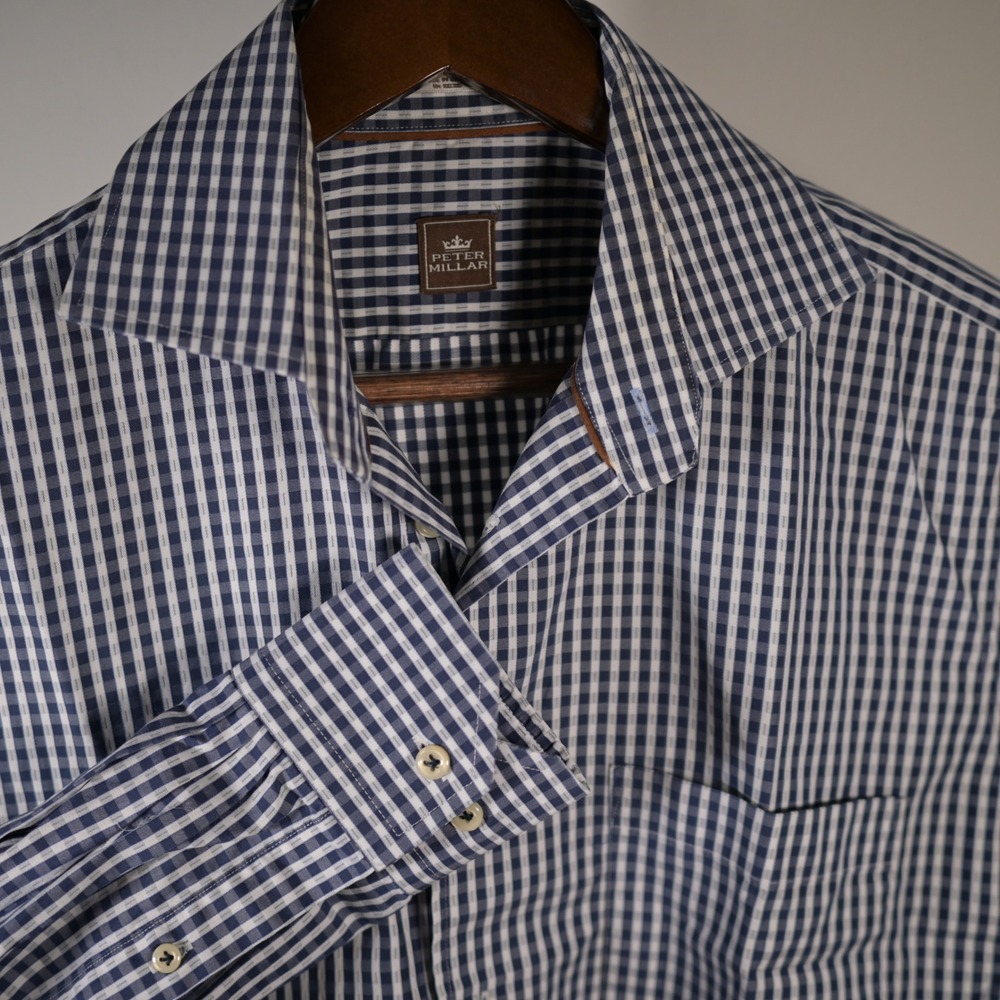 Peter Millar $175. Mens M Navy Gingham Cotton Button Down long sleeve‎ Shirt